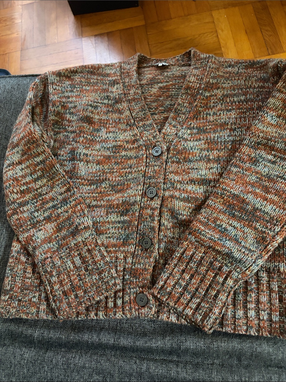 KULE Raffa 100% wool . Rust, Cream & Sage Marled V-Neck Button-Front Cardigan